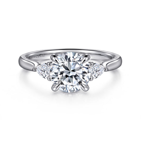 14K White Gold Three Stone Round Lotus Diamond Engagement Ring — Gabriel & Co. ER16402R8W44JJ; center stone shown for illustration, not included