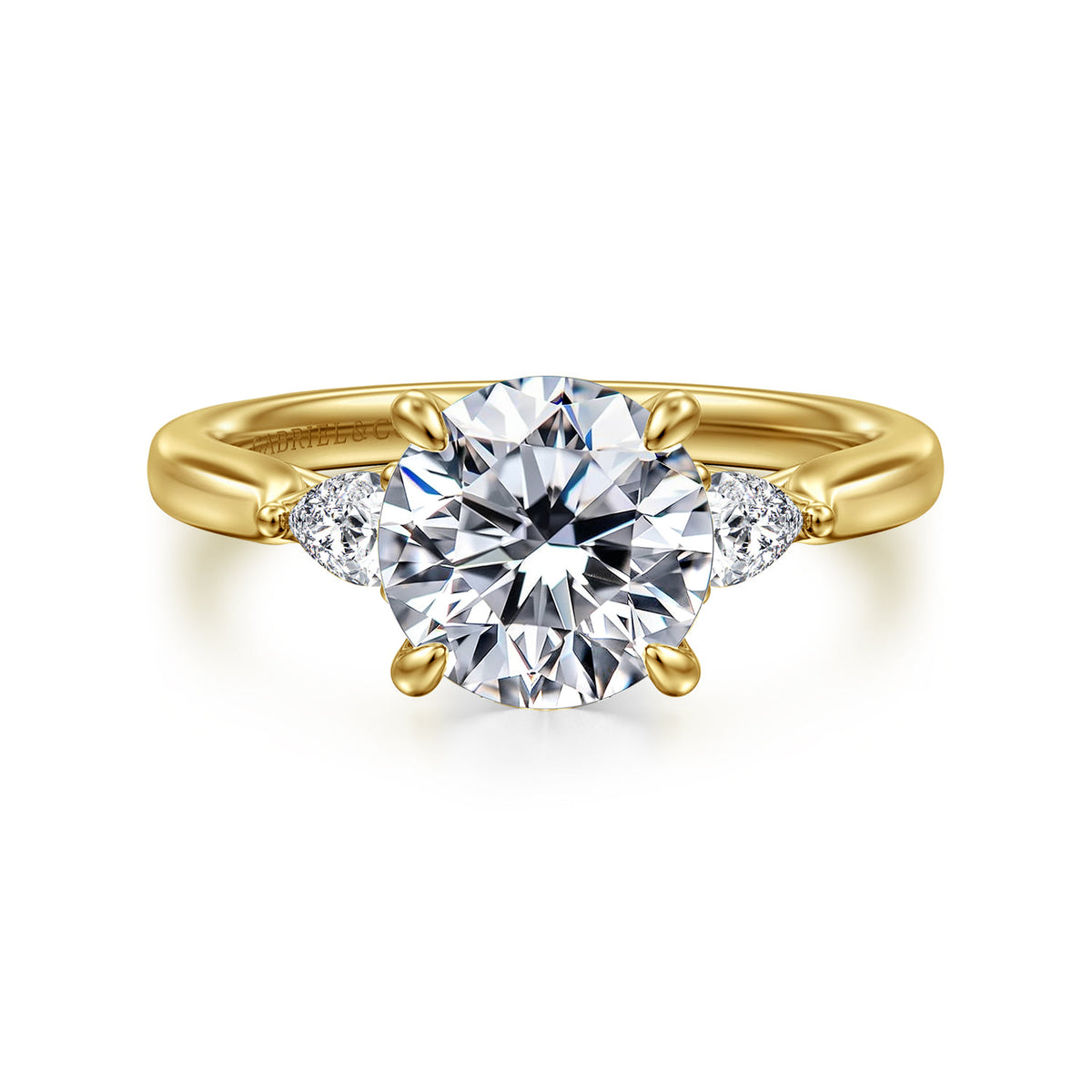 14K Yellow Gold Round Three Stone Lotus Diamond Engagement Ring — Gabriel & Co. ER16402R8Y44JJ; center stone shown for illustration, not included