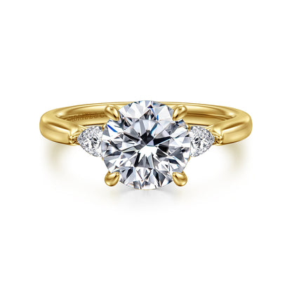 14K Yellow Gold Round Three Stone Lotus Diamond Engagement Ring — Gabriel & Co. ER16402R8Y44JJ; center stone shown for illustration, not included