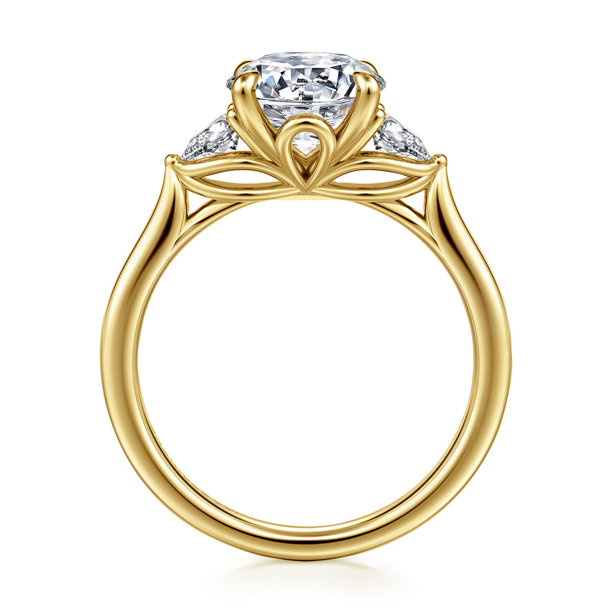 14K Yellow Gold Round Three Stone Lotus Diamond Engagement Ring — Gabriel & Co. ER16402R8Y44JJ; center stone shown for illustration, not included