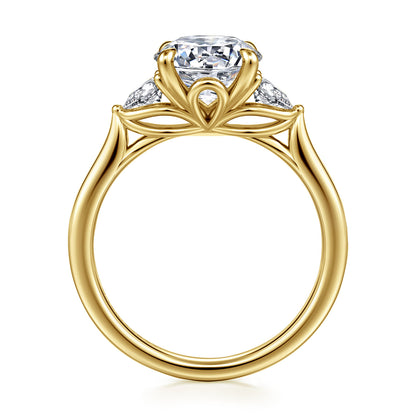 14K Yellow Gold Round Three Stone Lotus Diamond Engagement Ring — Gabriel & Co. ER16402R8Y44JJ; center stone shown for illustration, not included