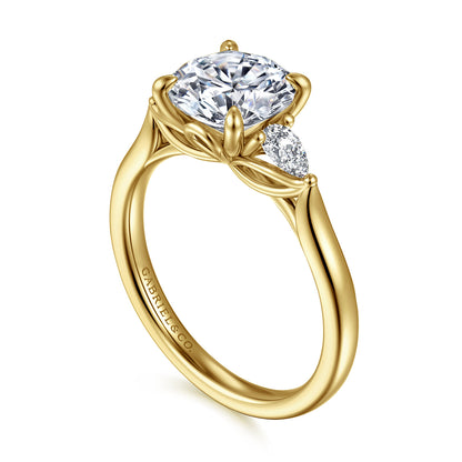 14K Yellow Gold Round Three Stone Lotus Diamond Engagement Ring — Gabriel & Co. ER16402R8Y44JJ; center stone shown for illustration, not included