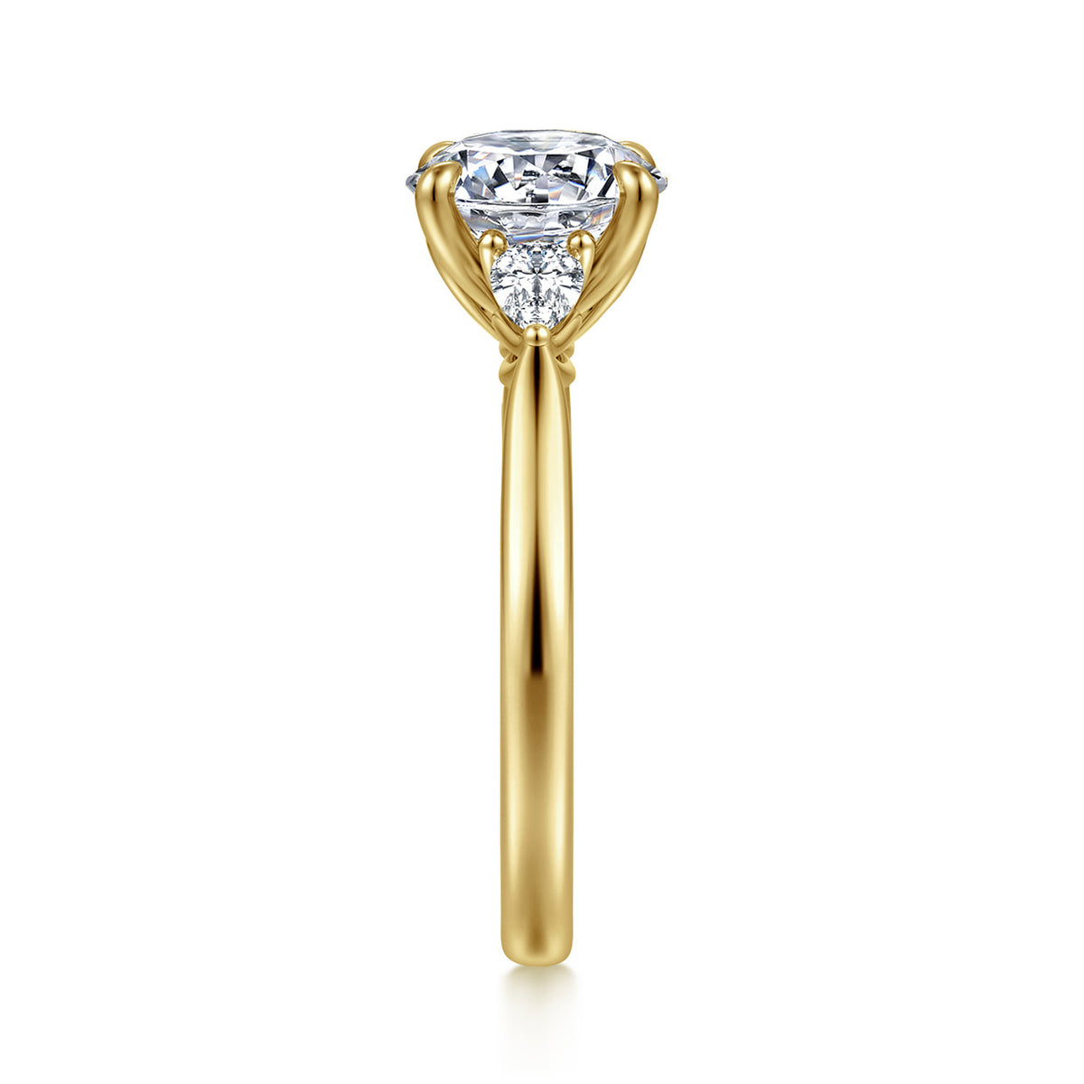 14K Yellow Gold Round Three Stone Lotus Diamond Engagement Ring — Gabriel & Co. ER16402R8Y44JJ; center stone shown for illustration, not included