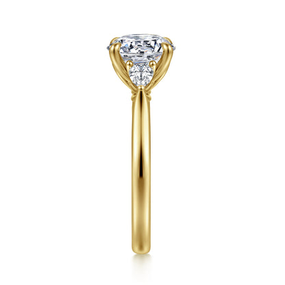 14K Yellow Gold Round Three Stone Lotus Diamond Engagement Ring — Gabriel & Co. ER16402R8Y44JJ; center stone shown for illustration, not included