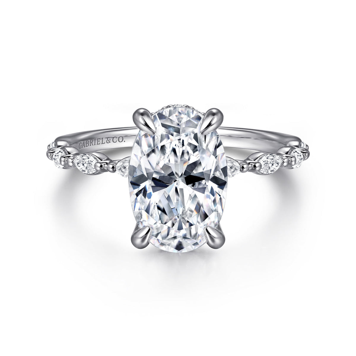 14K White Gold Oval Hidden Halo Diamond Engagement Ring — Gabriel & Co. ER16414O8W44JJ; center stone shown for illustration, not included