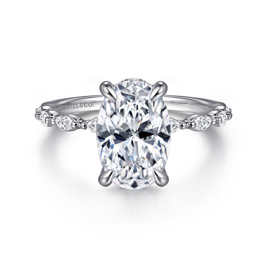 14K White Gold Oval Hidden Halo Diamond Engagement Ring — Gabriel & Co. ER16414O8W44JJ; center stone shown for illustration, not included