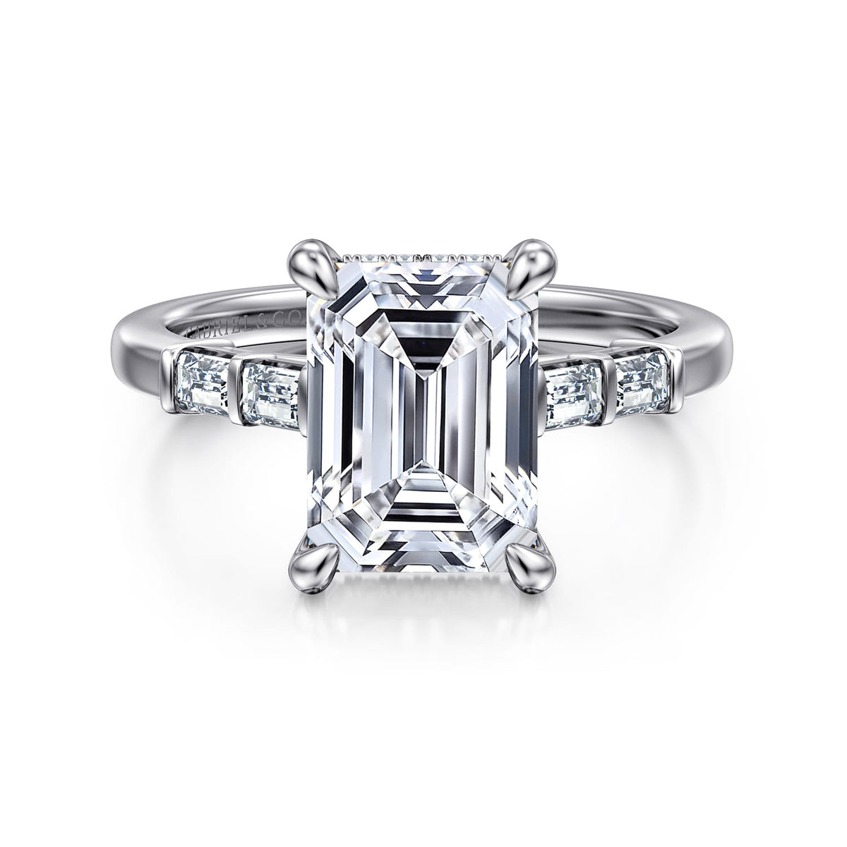 14K White Gold Emerald Cut Diamond Engagement Ring — Gabriel & Co. ER16423E12W44JJ; center stone shown for illustration, not included