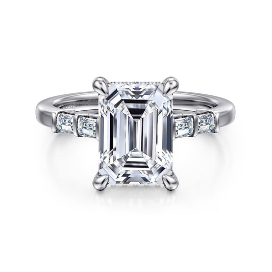 14K White Gold Emerald Cut Diamond Engagement Ring — Gabriel & Co. ER16423E12W44JJ; center stone shown for illustration, not included