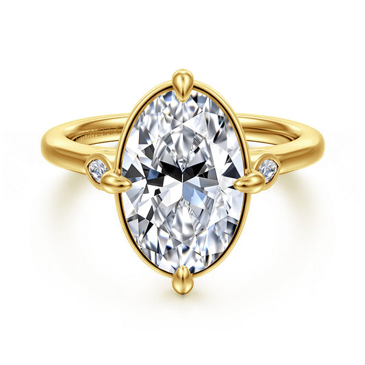 14K Yellow Gold Bezel Prong Oval Three Stone Diamond Engagement Ring — Gabriel & Co. ER16429O16Y43JJ; center stone shown for illustration, not included