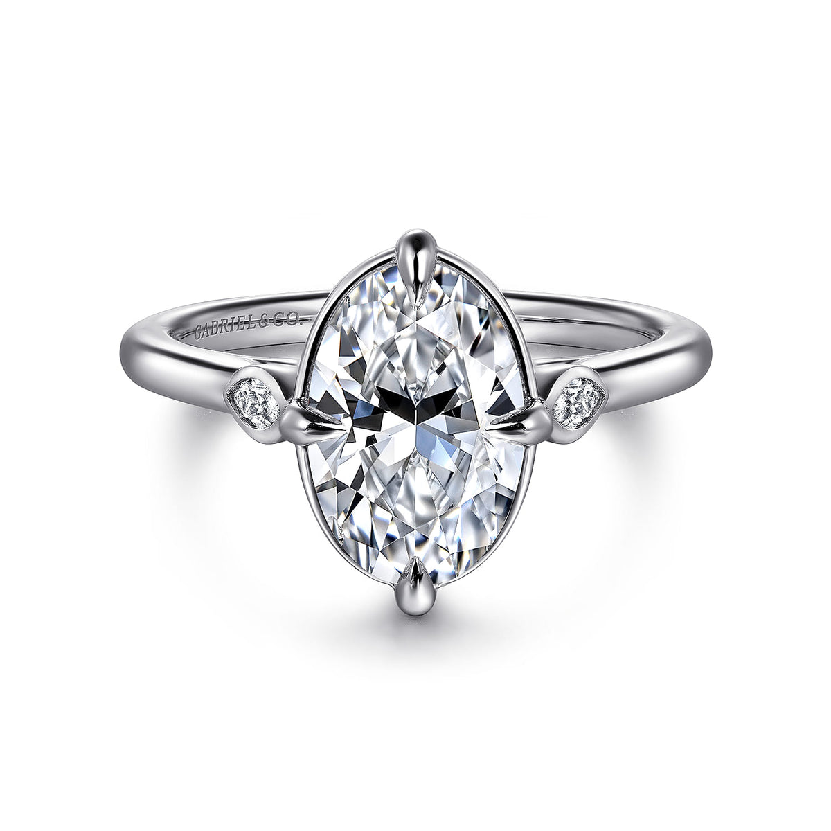 14K White Gold Bezel Prong Oval Three Stone Diamond Engagement Ring — Gabriel & Co. ER16429O8W43JJ; center stone shown for illustration, not included