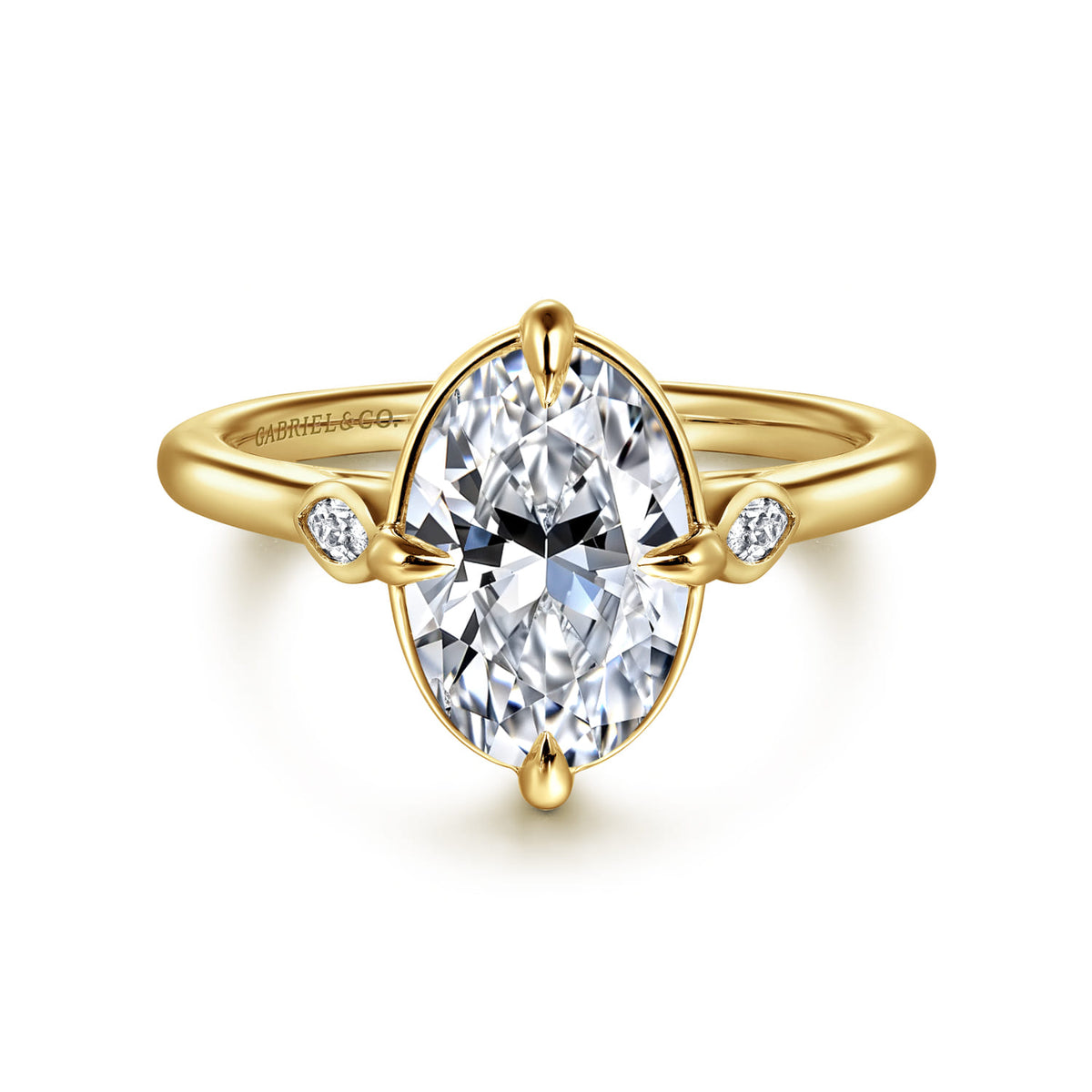 14K Yellow Gold Bezel Prong Oval Three Stone Diamond Engagement Ring — Gabriel & Co. ER16429O8Y43JJ; center stone shown for illustration, not included