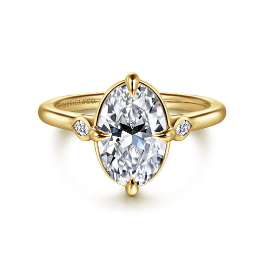 14K Yellow Gold Bezel Prong Oval Three Stone Diamond Engagement Ring — Gabriel & Co. ER16429O8Y43JJ; center stone shown for illustration, not included