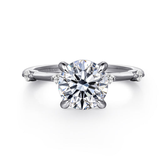 14K White Gold Round Diamond Engagement Ring — Gabriel & Co. ER16431R8W44JJ; center stone shown for illustration, not included