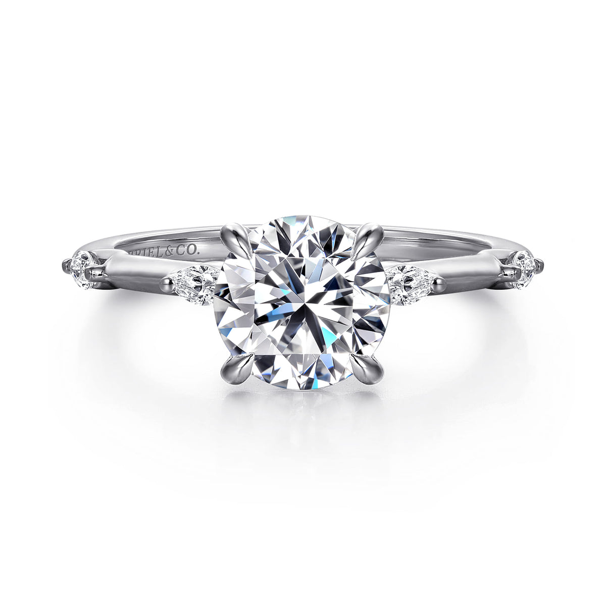 14K White Gold Round Diamond Engagement Ring — Gabriel & Co. ER16432R6W43JJ; center stone shown for illustration, not included