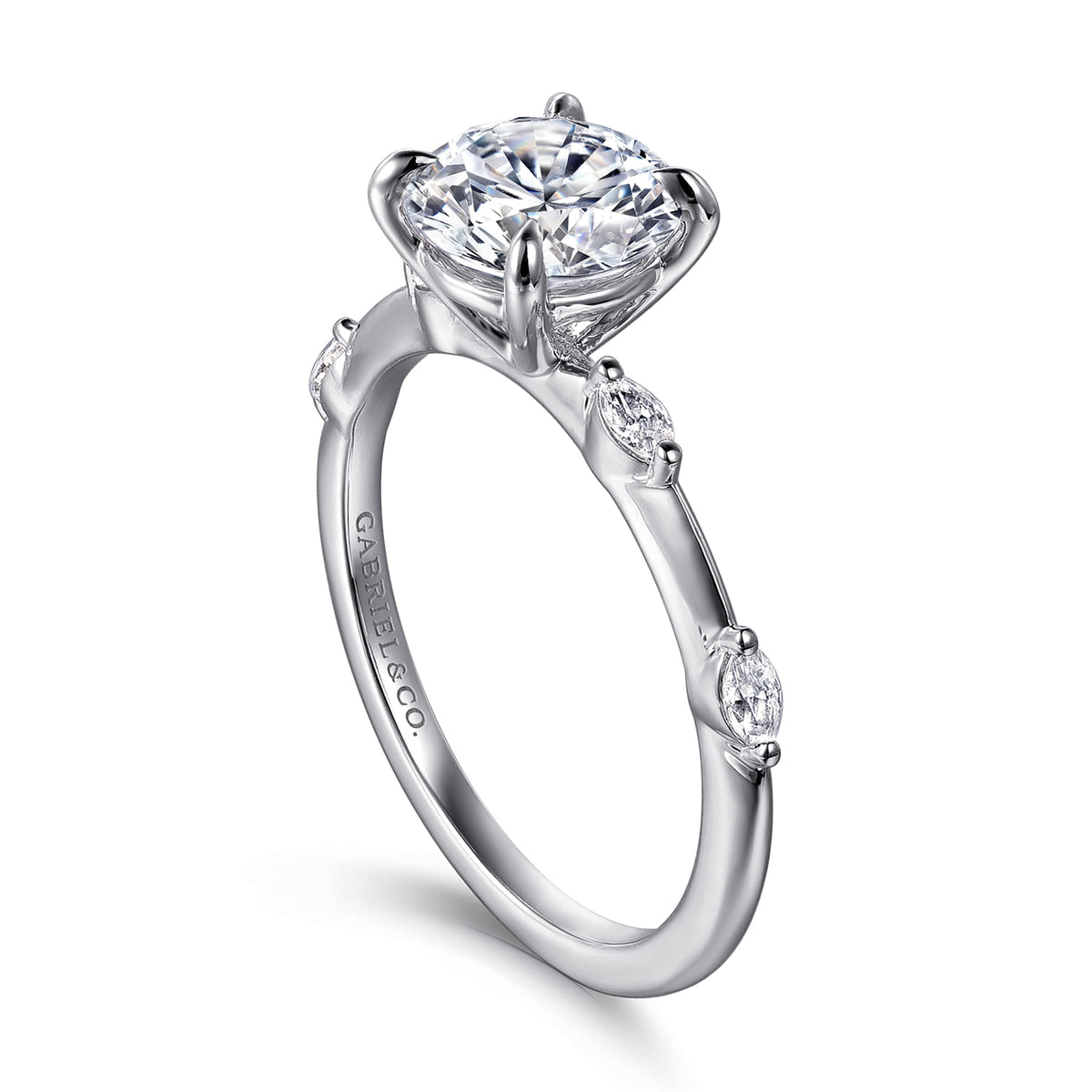 14K White Gold Round Diamond Engagement Ring — Gabriel & Co. ER16432R6W43JJ; center stone shown for illustration, not included