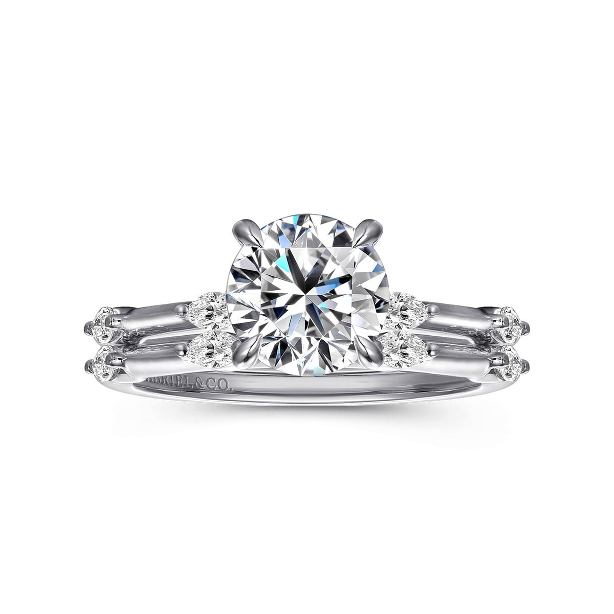 14K White Gold Round Diamond Engagement Ring — Gabriel & Co. ER16432R6W43JJ; center stone shown for illustration, not included