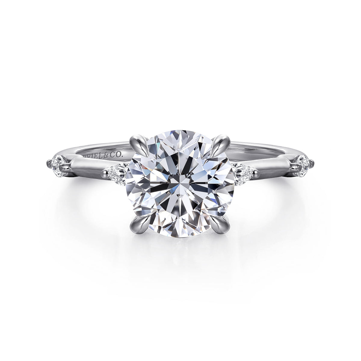 14K White Gold Round Diamond Engagement Ring — Gabriel & Co. ER16432R8W43JJ; center stone shown for illustration, not included