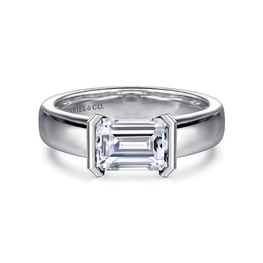 14K White Gold Half Bezel East West Emerald Cut Diamond Engagement Ring — Gabriel & Co. ER16433E6W4JJJ; center stone shown for illustration, not included