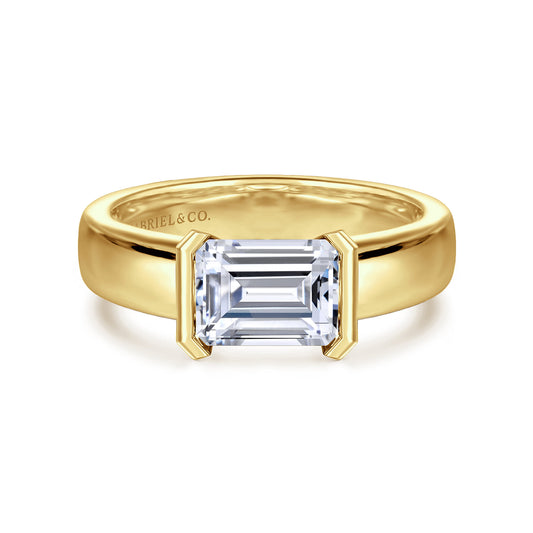 14K Yellow Gold Half Bezel East West Emerald Cut Diamond Engagement Ring — Gabriel & Co. ER16433E6Y4JJJ; center stone shown for illustration, not included