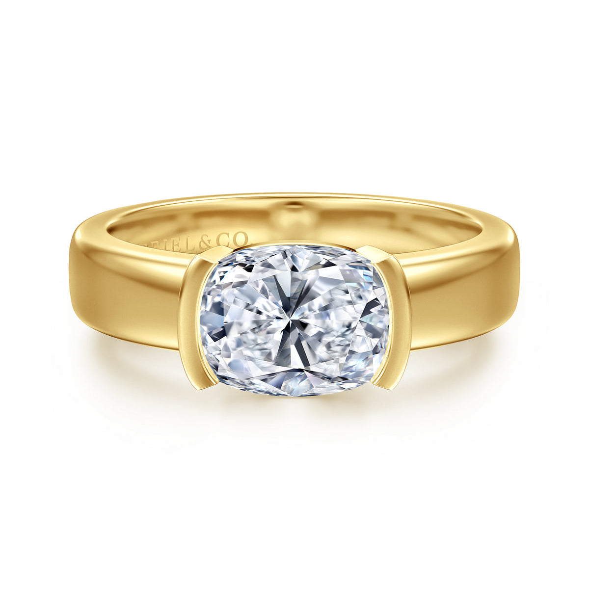 14K Yellow Gold Half Bezel Elongated Cushion Diamond Engagement Ring — Gabriel & Co. ER16433G8Y4JJJ; center stone shown for illustration, not included