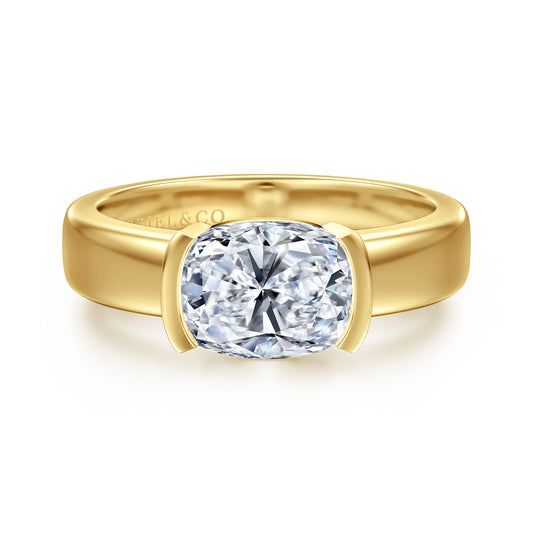 14K Yellow Gold Half Bezel Elongated Cushion Diamond Engagement Ring — Gabriel & Co. ER16433G8Y4JJJ; center stone shown for illustration, not included