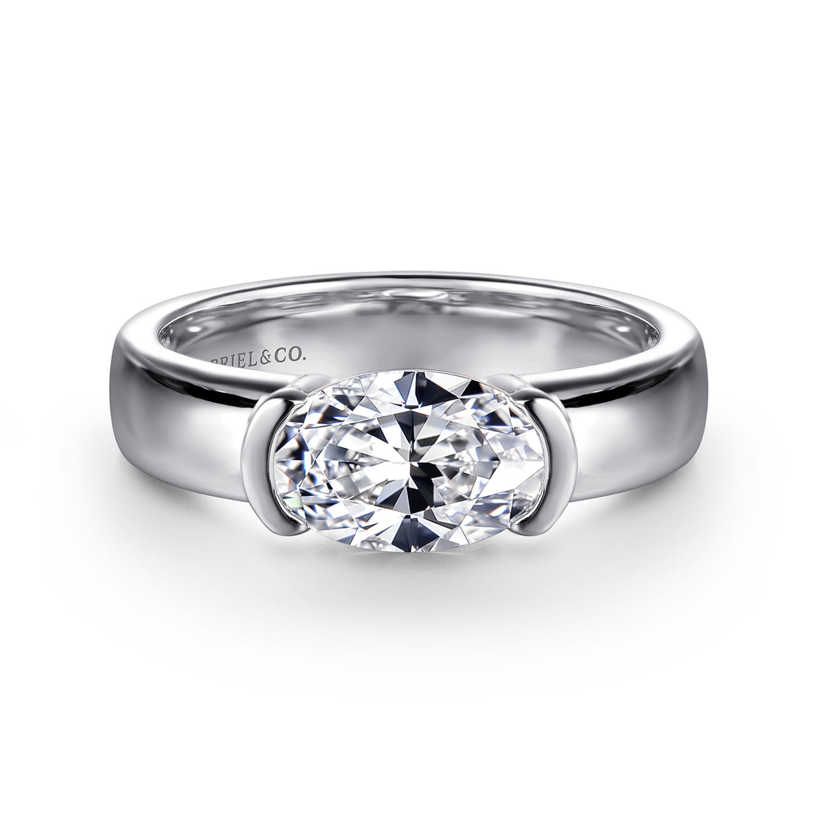 14K White Gold Half Bezel East West Oval Diamond Engagement Ring — Gabriel & Co. ER16433O6W4JJJ; center stone shown for illustration, not included