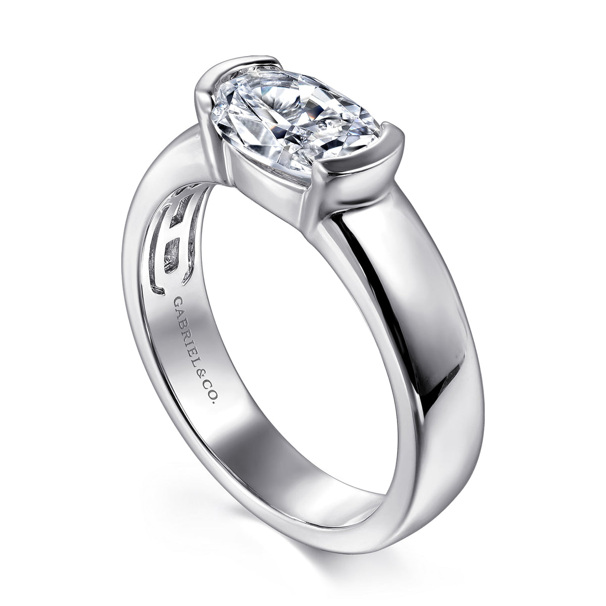 14K White Gold Half Bezel East West Oval Diamond Engagement Ring — Gabriel & Co. ER16433O6W4JJJ; center stone shown for illustration, not included
