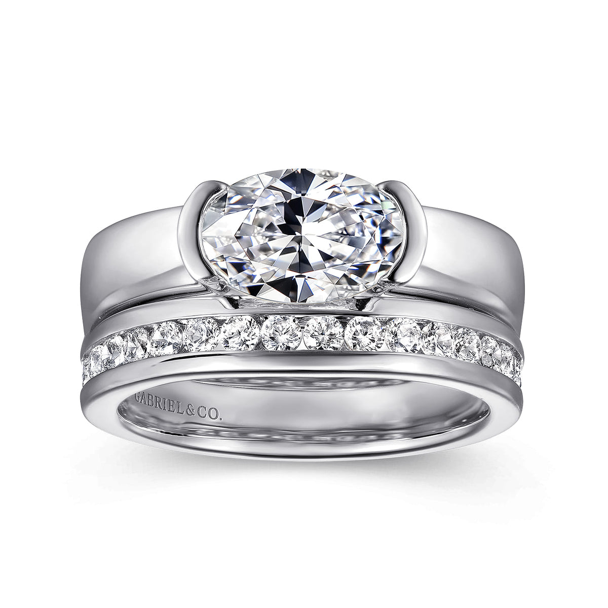 14K White Gold Half Bezel East West Oval Diamond Engagement Ring — Gabriel & Co. ER16433O6W4JJJ; center stone shown for illustration, not included
