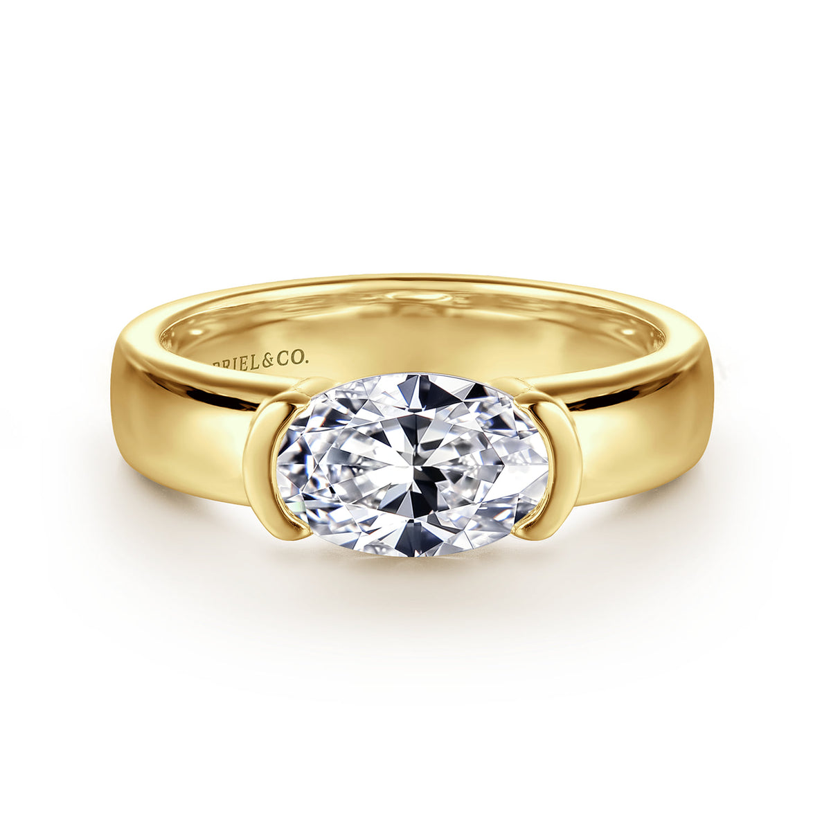 14K Yellow Gold East West Half Bezel Oval Diamond Engagement Ring — Gabriel & Co. ER16433O6Y4JJJ; center stone shown for illustration, not included