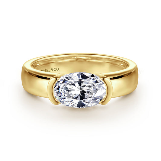 14K Yellow Gold East West Half Bezel Oval Diamond Engagement Ring — Gabriel & Co. ER16433O6Y4JJJ; center stone shown for illustration, not included