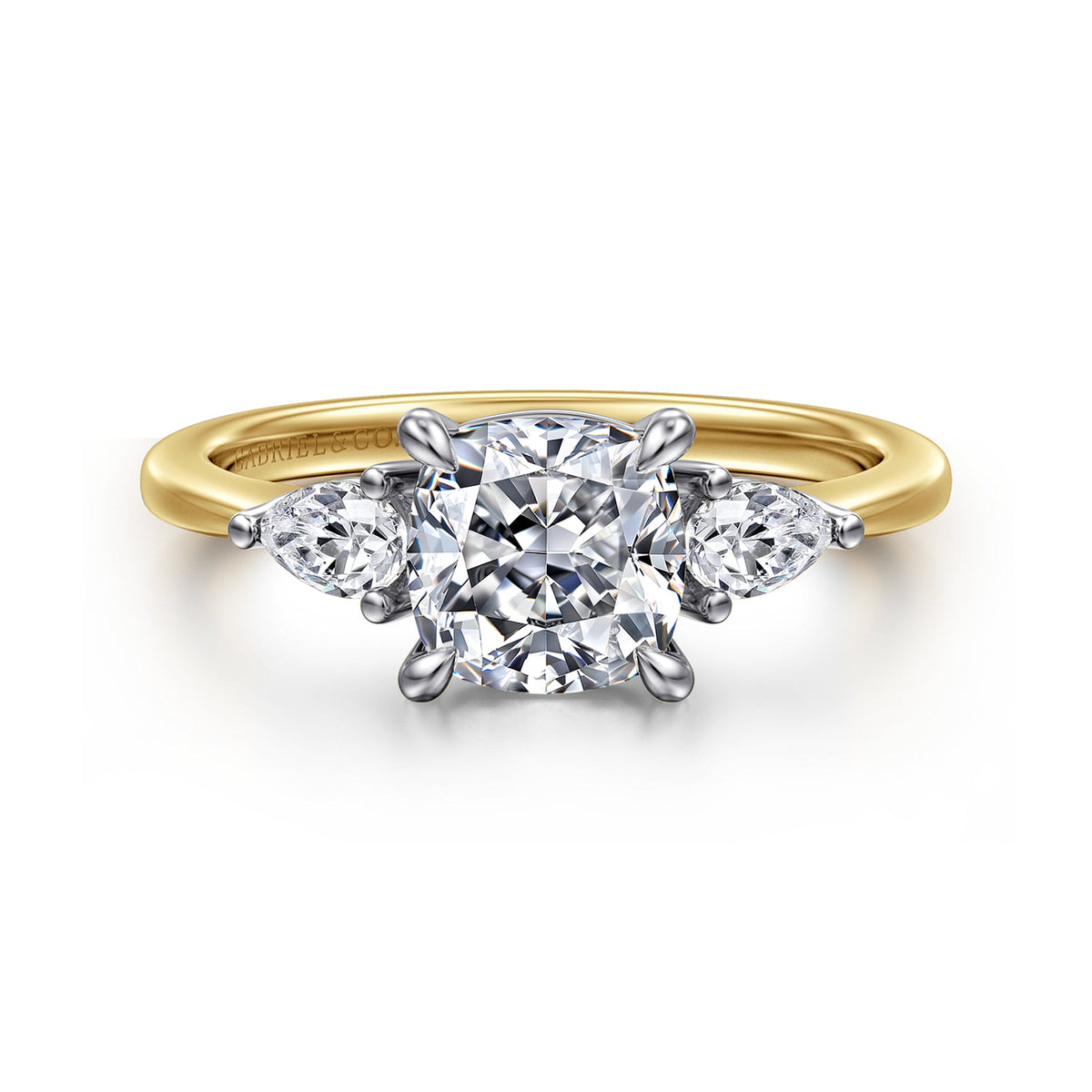 14K White-Yellow Gold Cushion Cut Three Stone Diamond Engagement Ring — ER16437C6M44JJ; center stone shown for illustration, not included