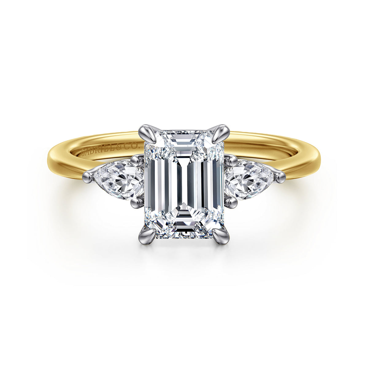 14K White-Yellow Gold Emerald Cut Three Stone Diamond Engagement Ring — ER16437E6M44JJ; center stone shown for illustration, not included