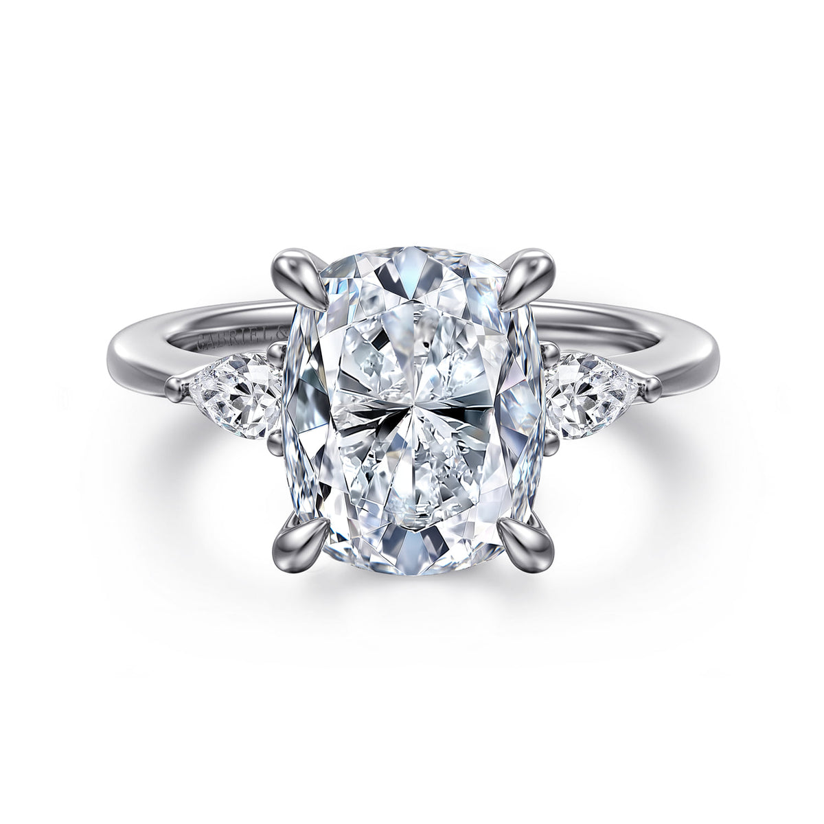 14K White Gold Elongated Cushion Three Stone Diamond Engagement Ring — Gabriel & Co. ER16437G16W44JJ; center stone shown for illustration, not included