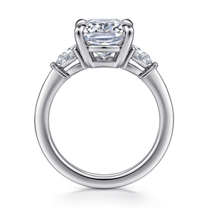 14K White Gold Elongated Cushion Three Stone Diamond Engagement Ring — Gabriel & Co. ER16437G16W44JJ; center stone shown for illustration, not included