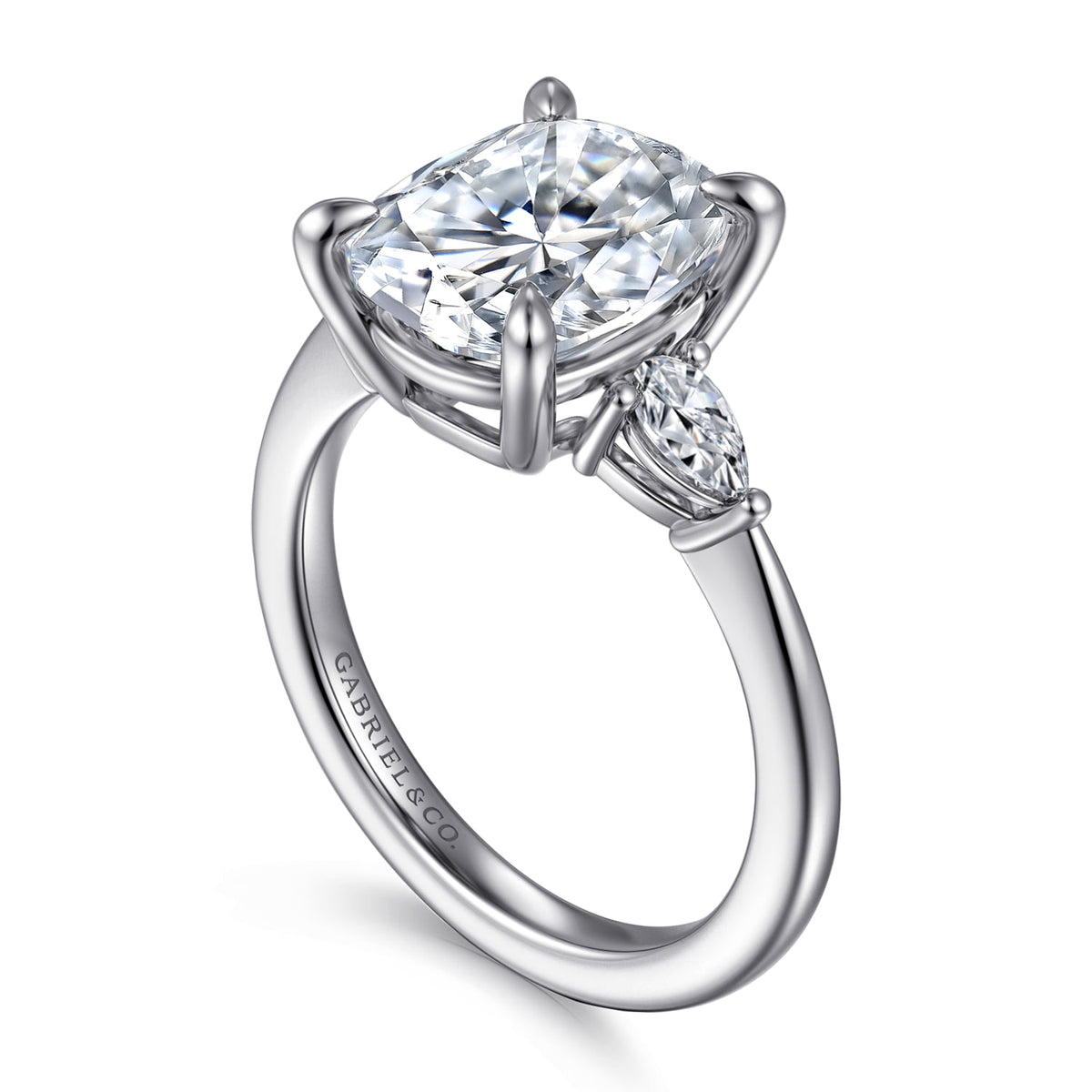 14K White Gold Elongated Cushion Three Stone Diamond Engagement Ring — Gabriel & Co. ER16437G16W44JJ; center stone shown for illustration, not included