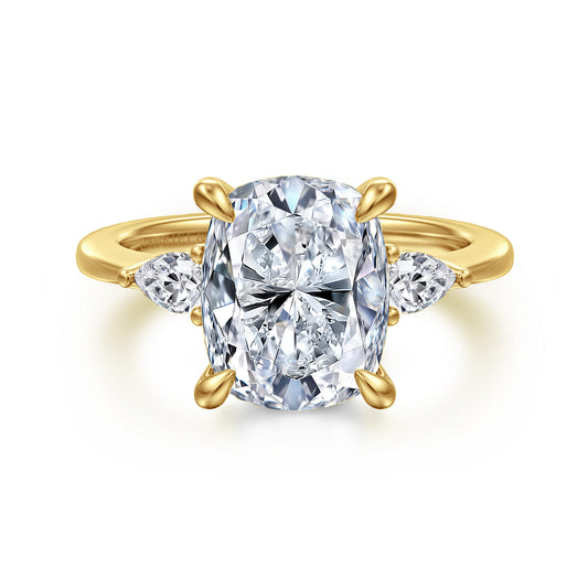 14K Yellow Gold Elongated Cushion Three Stone Diamond Engagement Ring — Gabriel & Co. ER16437G16Y44JJ; center stone shown for illustration, not included