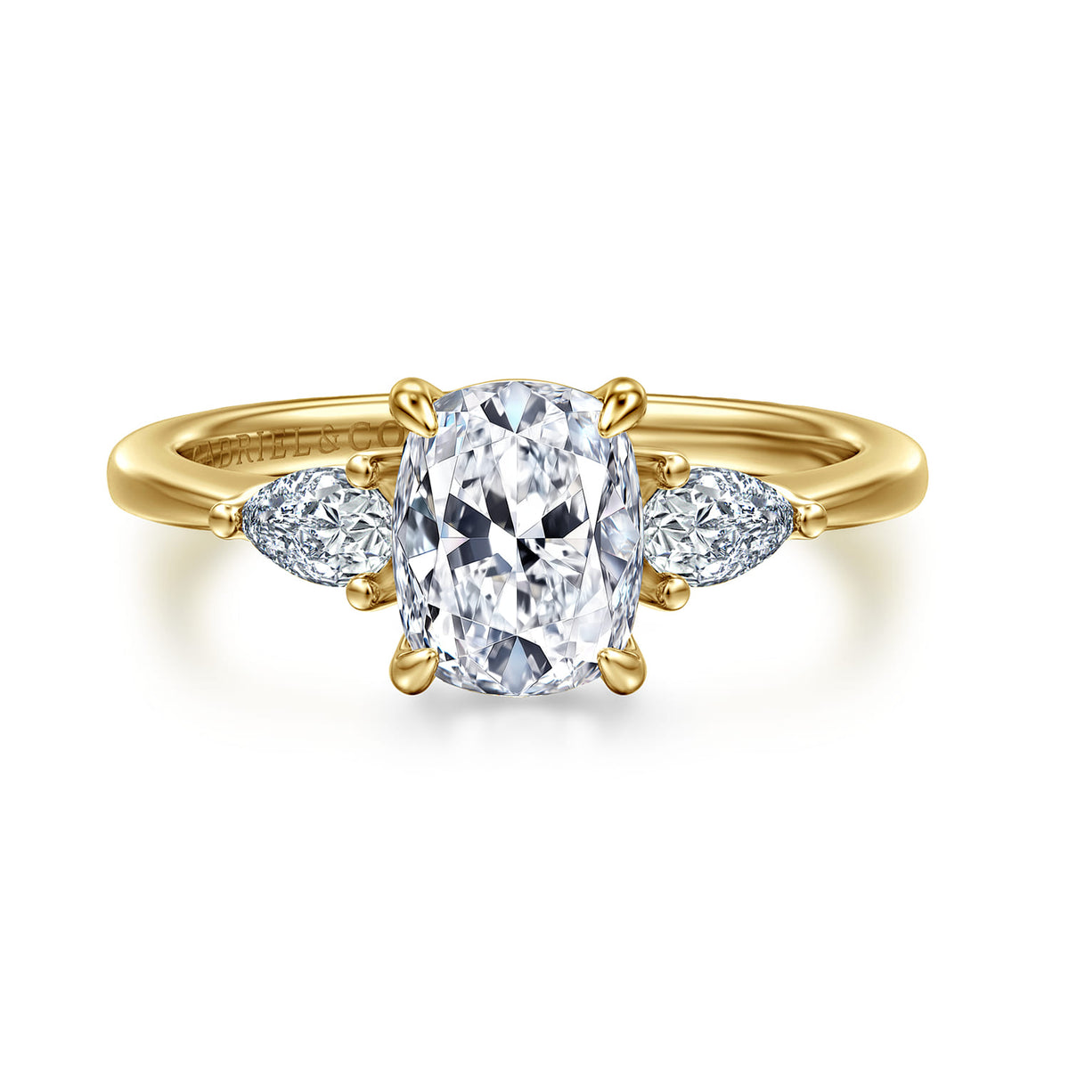 14K Yellow Gold Elongated Cushion Three Stone Diamond Engagement Ring — Gabriel & Co. ER16437G6Y44JJ; center stone shown for illustration, not included