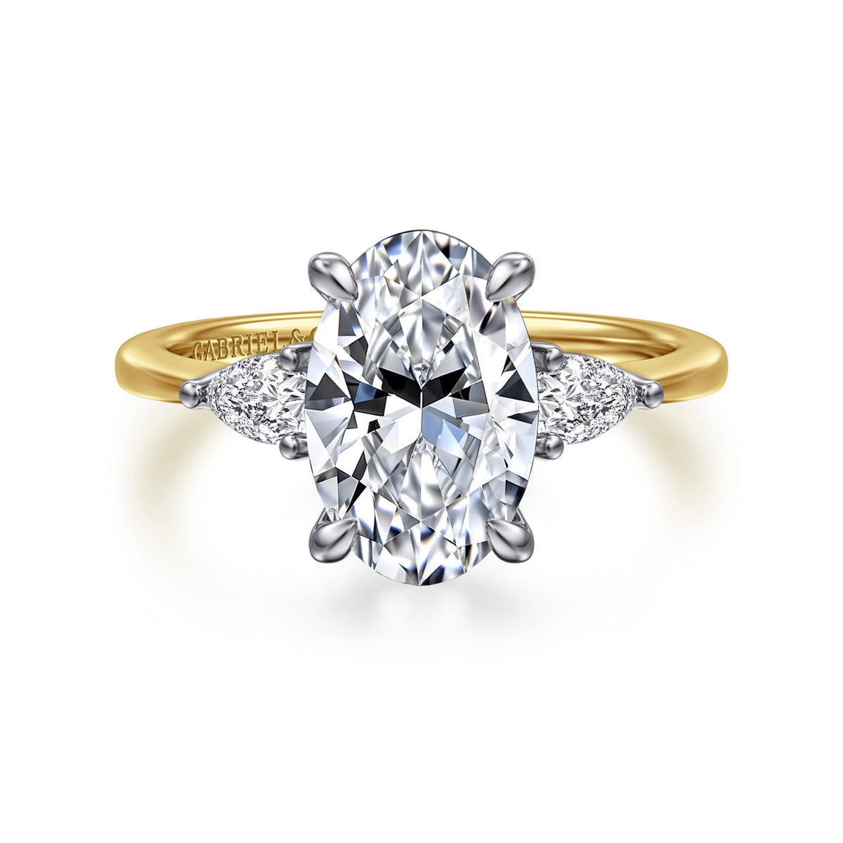 14K White-Yellow Gold Oval Three Stone Diamond Engagement Ring — Gabriel & Co. ER16437O10M44JJ; center stone shown for illustration, not included
