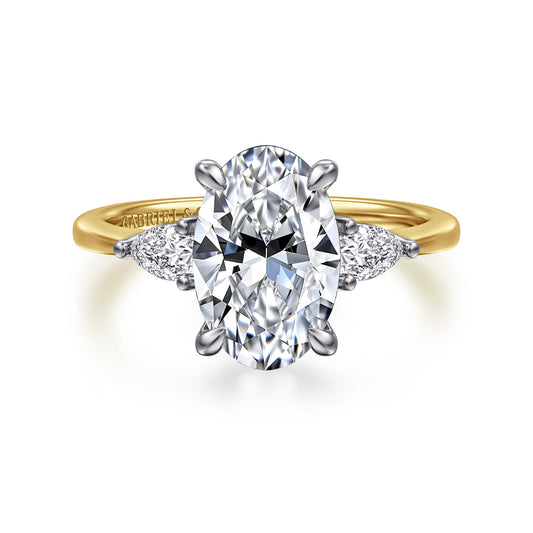 14K White-Yellow Gold Oval Three Stone Diamond Engagement Ring — Gabriel & Co. ER16437O10M44JJ; center stone shown for illustration, not included
