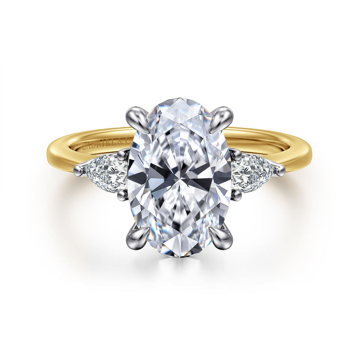14K White-Yellow Gold Oval Three Stone Diamond Engagement Ring — ER16437O12M44JJ; center stone shown for illustration, not included