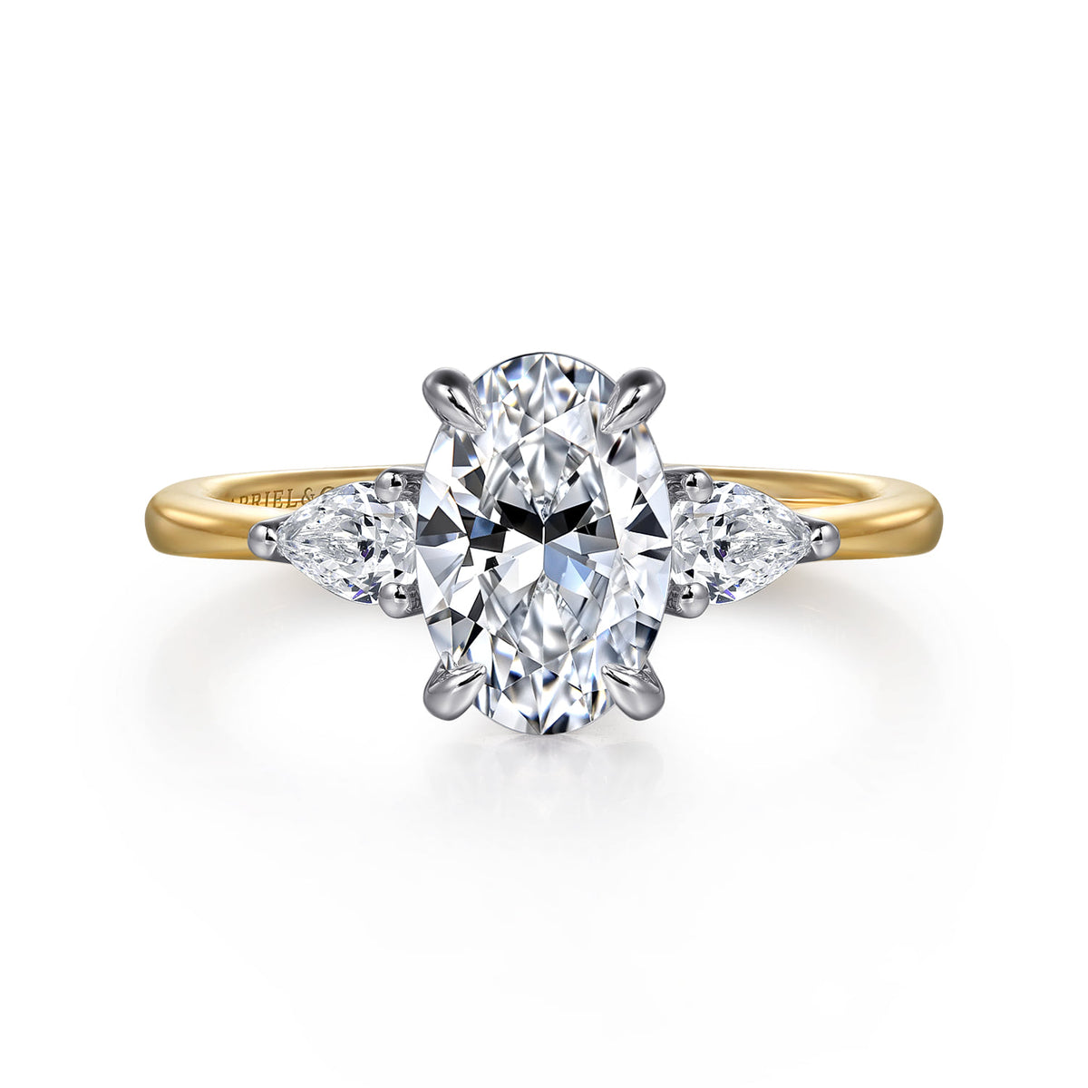 14K White-Yellow Gold Oval Three Stone Diamond Engagement Ring — Gabriel & Co. ER16437O6M44JJ; center stone shown for illustration, not included