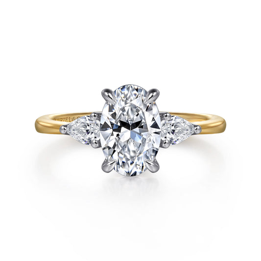 14K White-Yellow Gold Oval Three Stone Diamond Engagement Ring — Gabriel & Co. ER16437O6M44JJ; center stone shown for illustration, not included