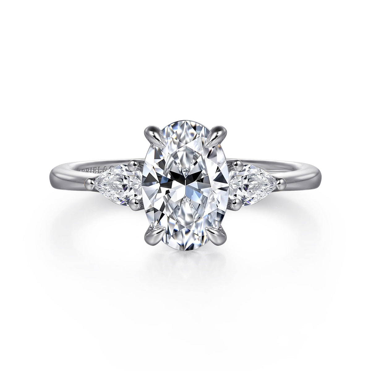 14K White Gold Oval Three Stone Diamond Engagement Ring — Gabriel & Co. ER16437O6W44JJ; center stone shown for illustration, not included