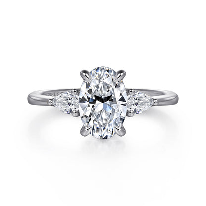 14K White Gold Oval Three Stone Diamond Engagement Ring — Gabriel & Co. ER16437O6W44JJ; center stone shown for illustration, not included