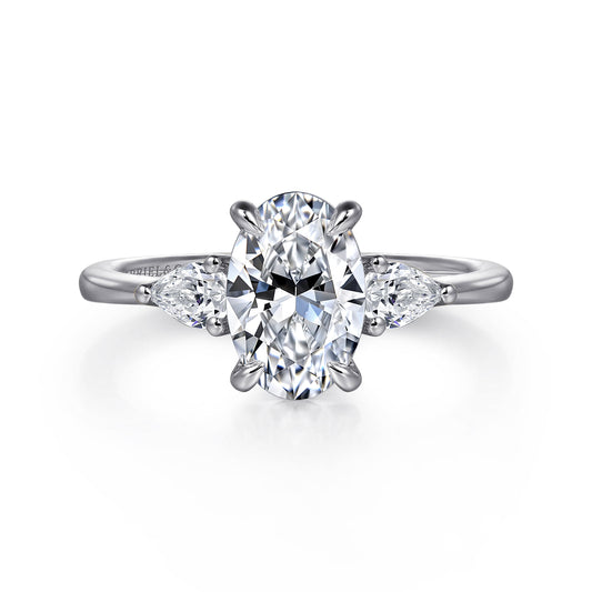 14K White Gold Oval Three Stone Diamond Engagement Ring — Gabriel & Co. ER16437O6W44JJ; center stone shown for illustration, not included