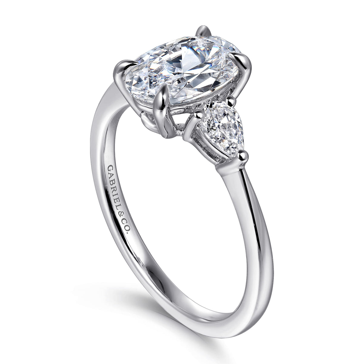14K White Gold Oval Three Stone Diamond Engagement Ring — Gabriel & Co. ER16437O6W44JJ; center stone shown for illustration, not included