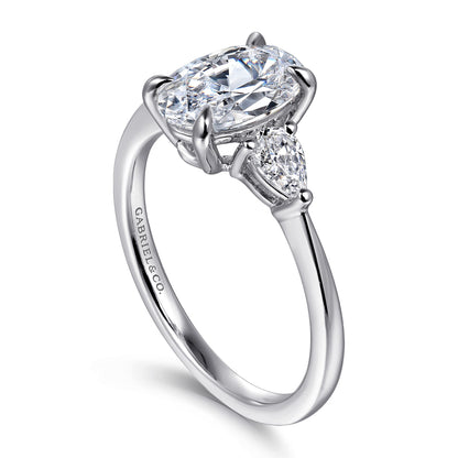 14K White Gold Oval Three Stone Diamond Engagement Ring — Gabriel & Co. ER16437O6W44JJ; center stone shown for illustration, not included