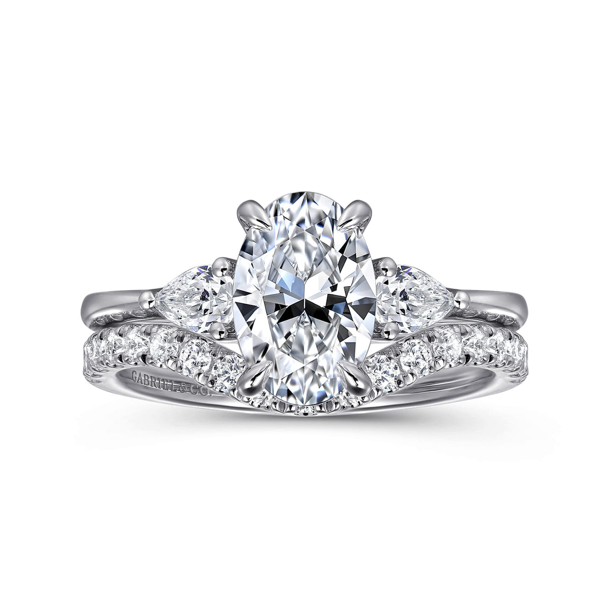 14K White Gold Oval Three Stone Diamond Engagement Ring — Gabriel & Co. ER16437O6W44JJ; center stone shown for illustration, not included