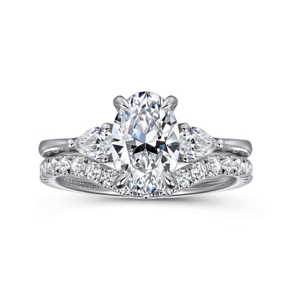 14K White Gold Oval Three Stone Diamond Engagement Ring — Gabriel & Co. ER16437O6W44JJ; center stone shown for illustration, not included