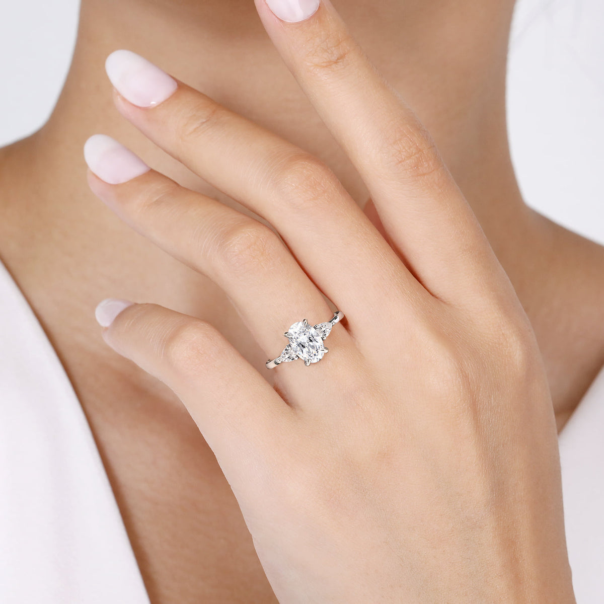 14K White Gold Oval Three Stone Diamond Engagement Ring — Gabriel & Co. ER16437O6W44JJ; center stone shown for illustration, not included